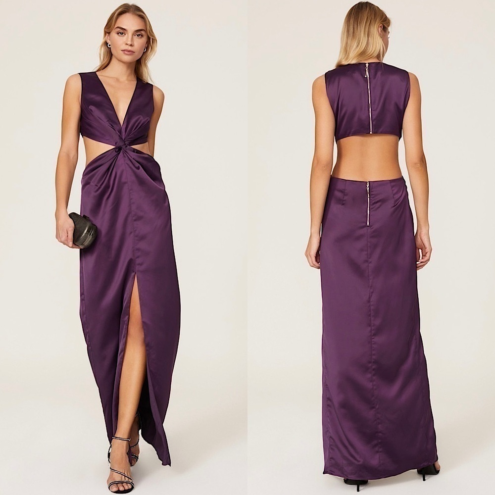 BADGLEY MISCHKA 70s Satin Cutout Open Back Twist Front Sleeveless Maxi Gown 0